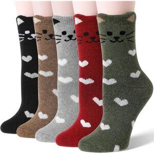 5 Pairs Women's Merino Wool Cat Socks Thermal Winter Thick Cute Crew Socks